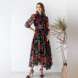 BNWT Chicwish ROSE PRINT ASYMMETRIC HEM CHIFFON MAXI DRESS XL